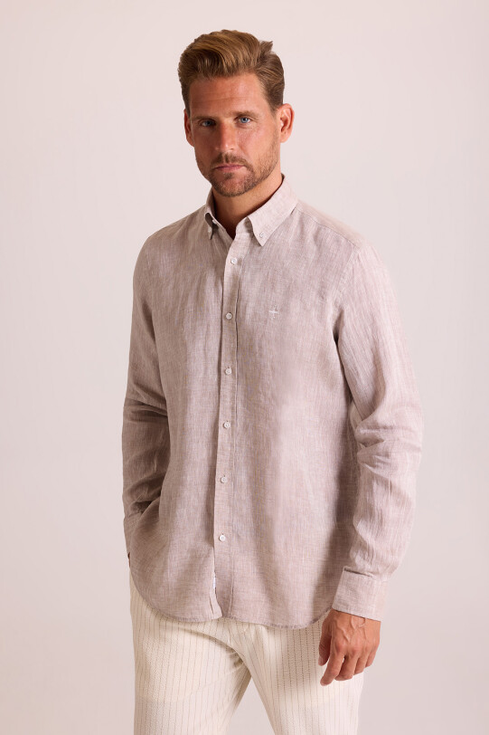Erkek Bej Düz Regular Fit Keten Gömlek