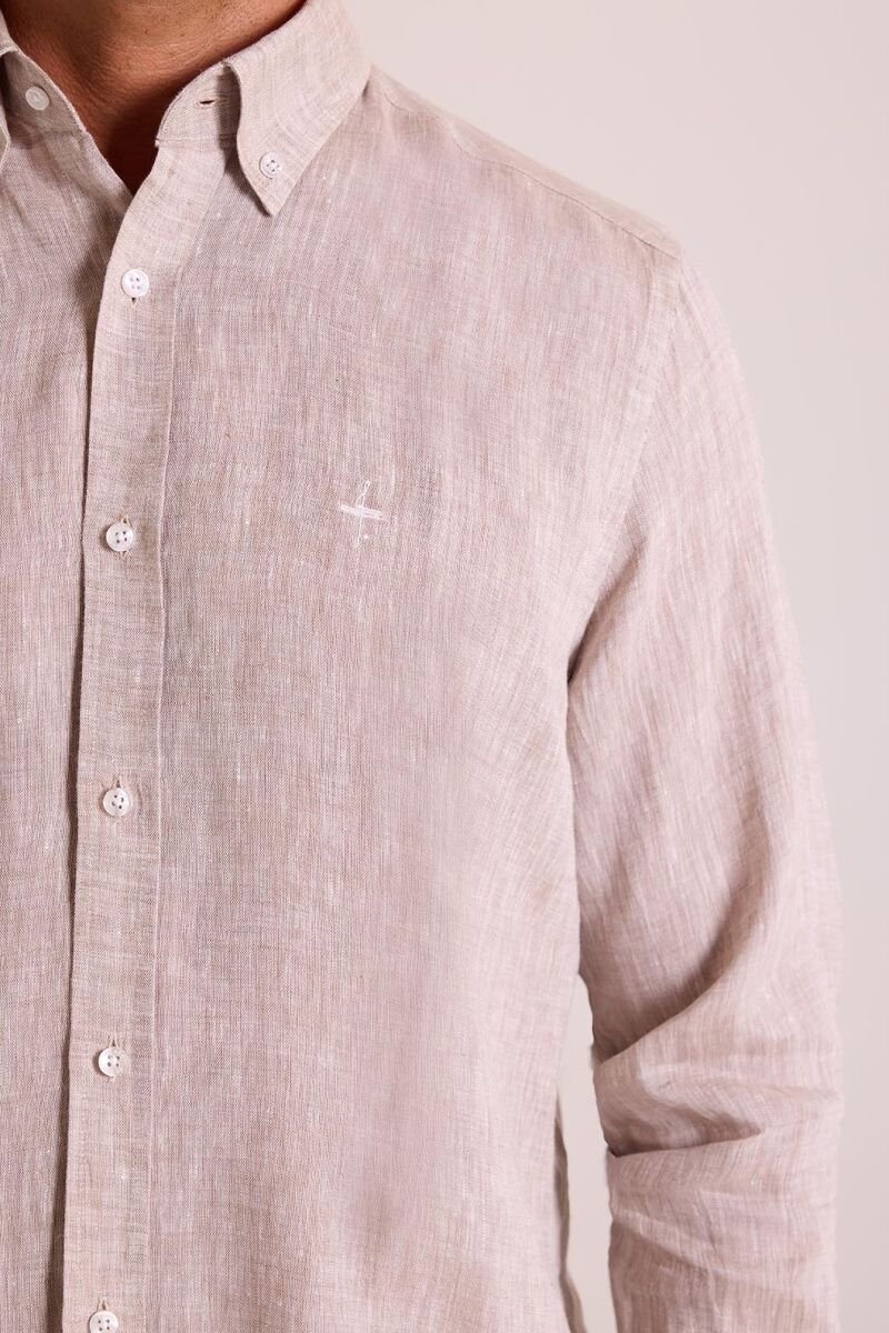 Erkek Bej Düz Regular Fit Keten Gömlek - 5