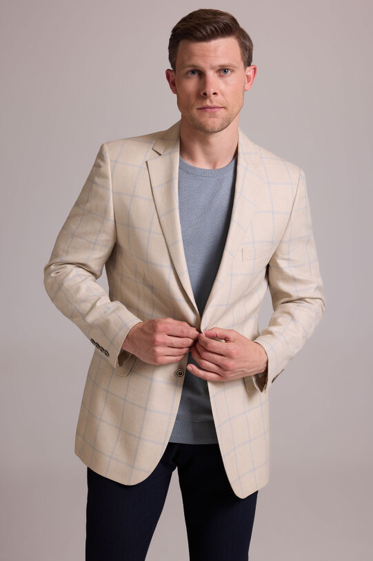 Erkek Bej Ekose Keten Klasik Spor Ceket