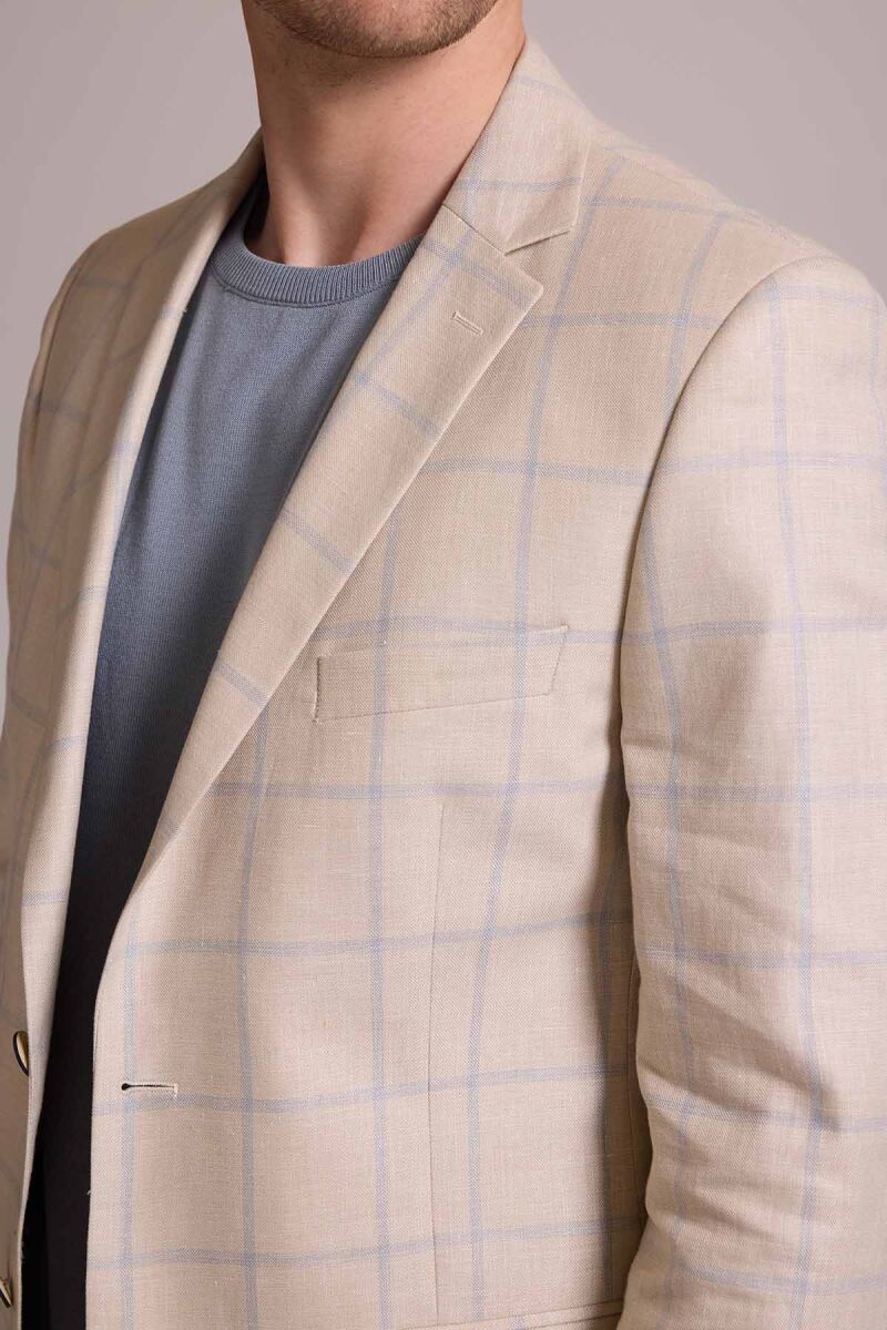 Erkek Bej Ekose Keten Klasik Spor Ceket - 10