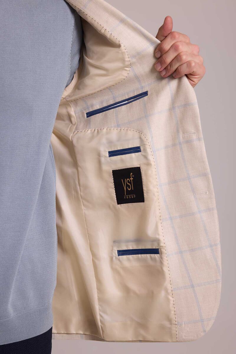 Erkek Bej Ekose Keten Klasik Spor Ceket - 11