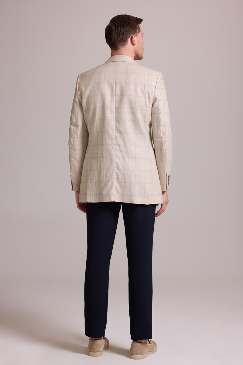 Erkek Bej Ekose Keten Klasik Spor Ceket - 12
