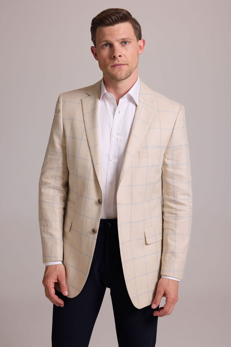 Erkek Bej Ekose Keten Klasik Spor Ceket - 2