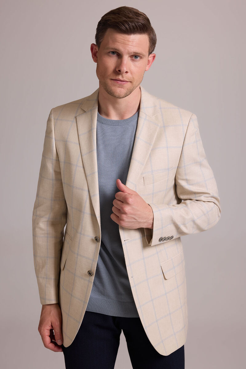Erkek Bej Ekose Keten Klasik Spor Ceket - 4