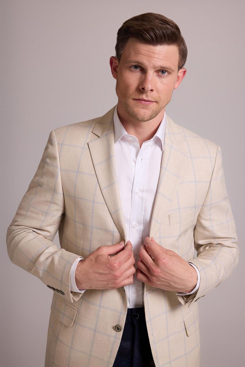 Erkek Bej Ekose Keten Klasik Spor Ceket - 5