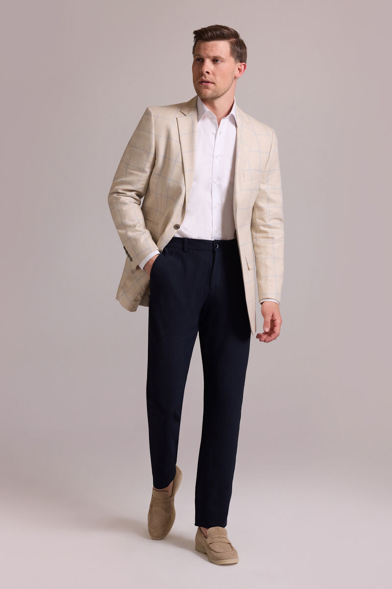 Erkek Bej Ekose Keten Klasik Spor Ceket - 6