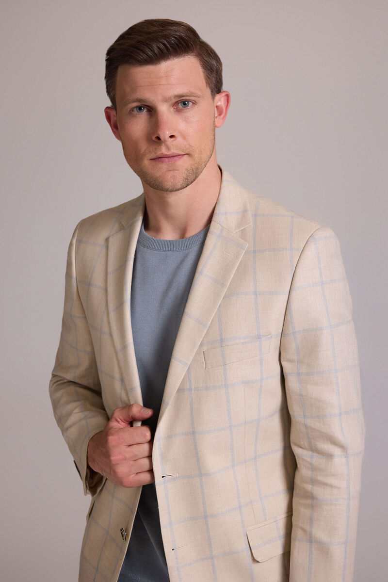 Erkek Bej Ekose Keten Klasik Spor Ceket - 7