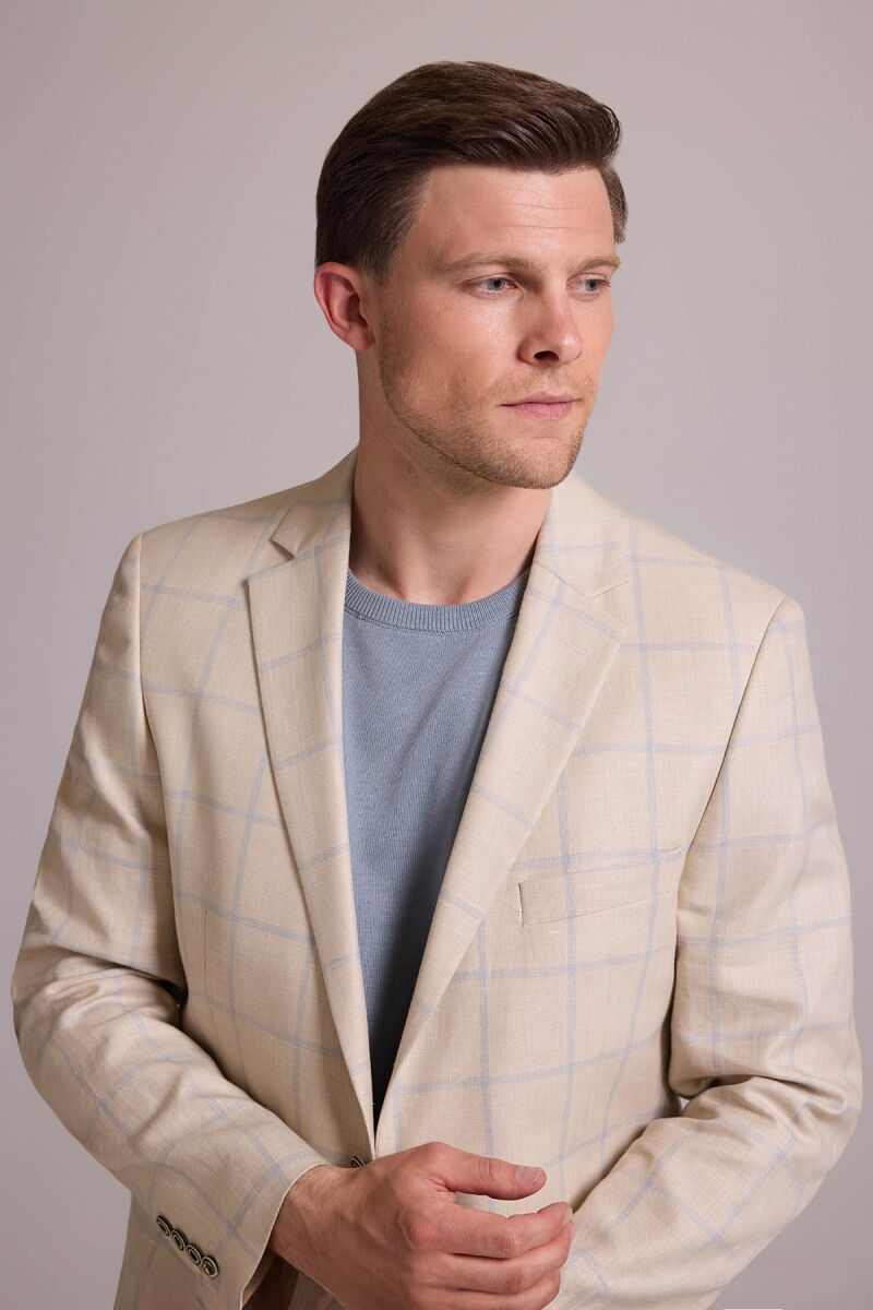 Erkek Bej Ekose Keten Klasik Spor Ceket - 9