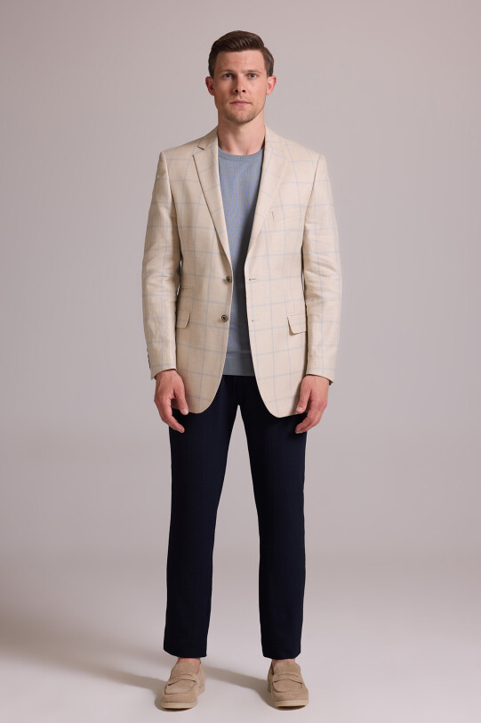 Erkek Bej Ekose Keten Klasik Spor Ceket