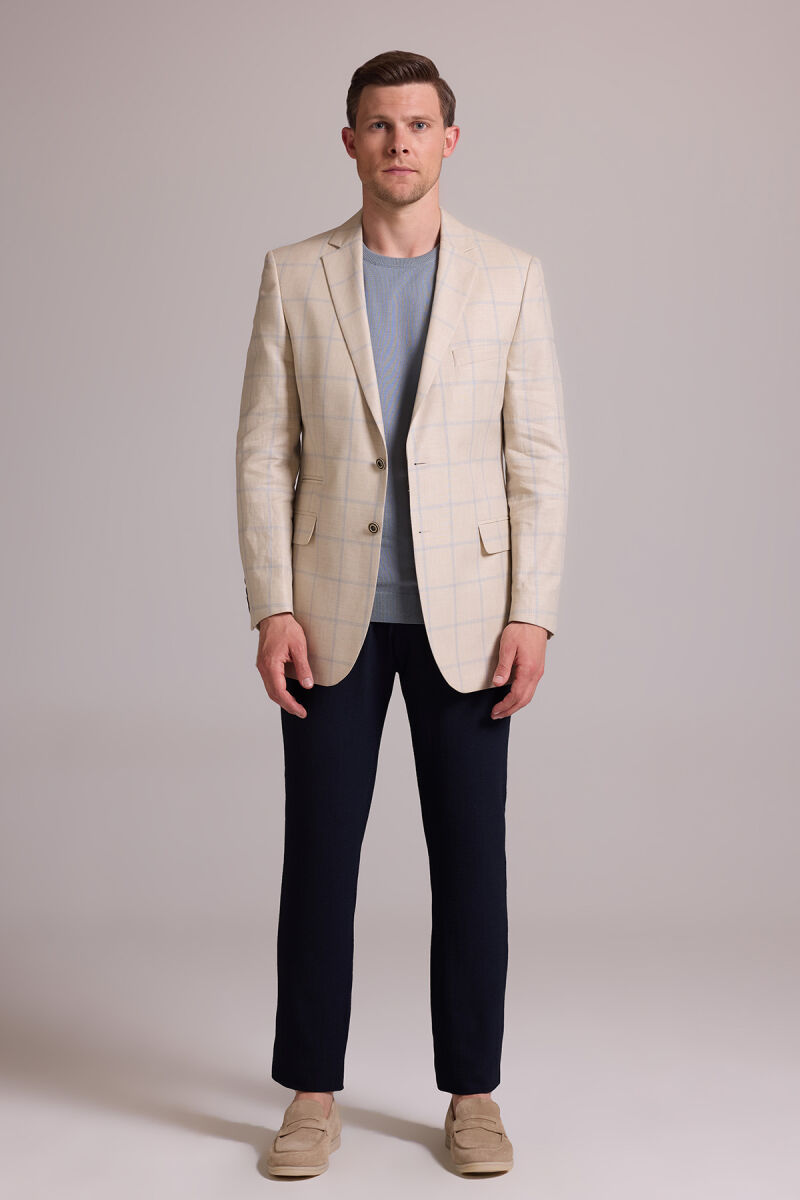 Erkek Bej Ekose Keten Klasik Spor Ceket - 3
