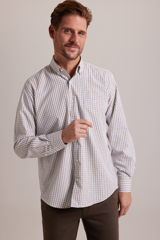 Erkek Bej Kareli Regular Fit Yaka Düğmeli Gömlek