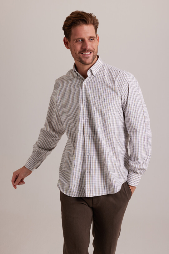 Erkek Bej Kareli Regular Fit Yaka Düğmeli Gömlek