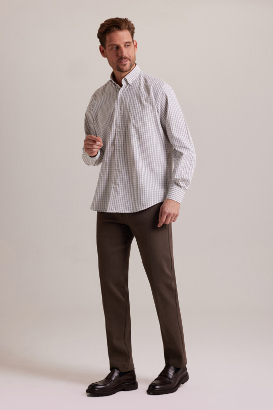 Erkek Bej Kareli Regular Fit Yaka Düğmeli Gömlek