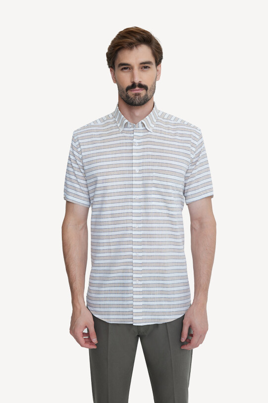 Erkek Bej Klasik Çizgili Keten Gömlek