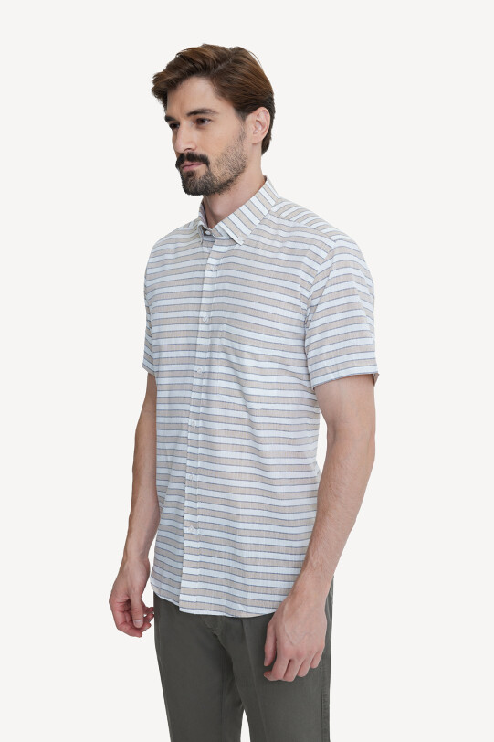 Erkek Bej Klasik Çizgili Keten Gömlek