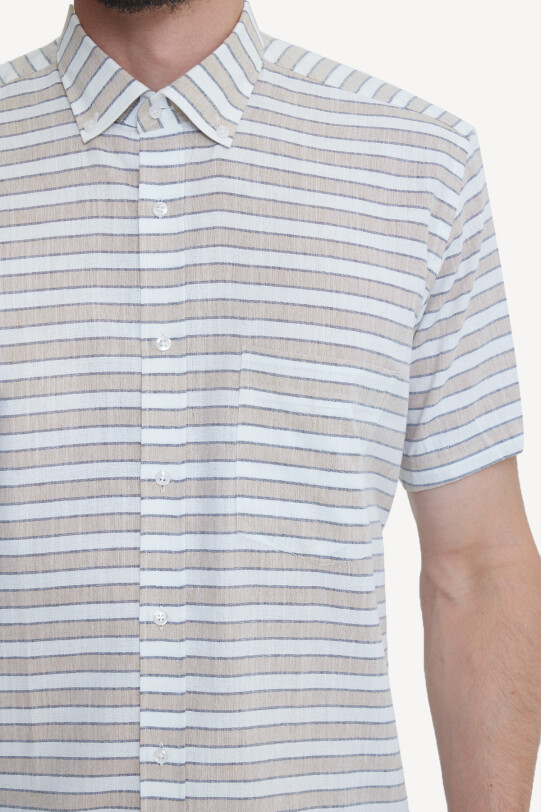 Erkek Bej Klasik Çizgili Keten Gömlek