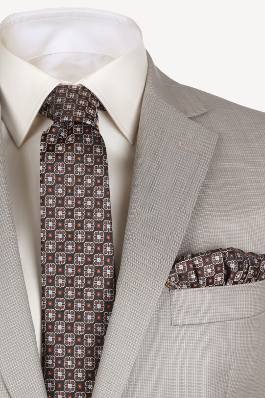 Erkek Bej Klasik Desenli Takım Elbise