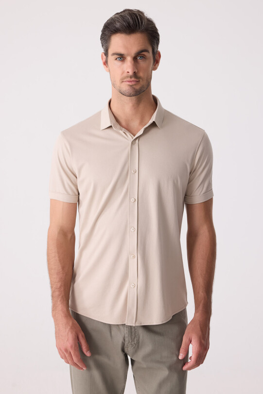 Erkek Bej Merserize Kısa Kol Gömlek
