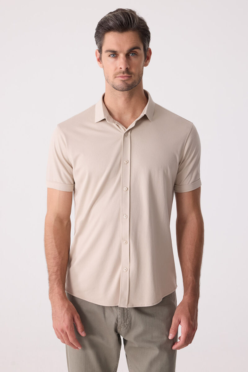 Erkek Bej Merserize Kısa Kol Gömlek - 1