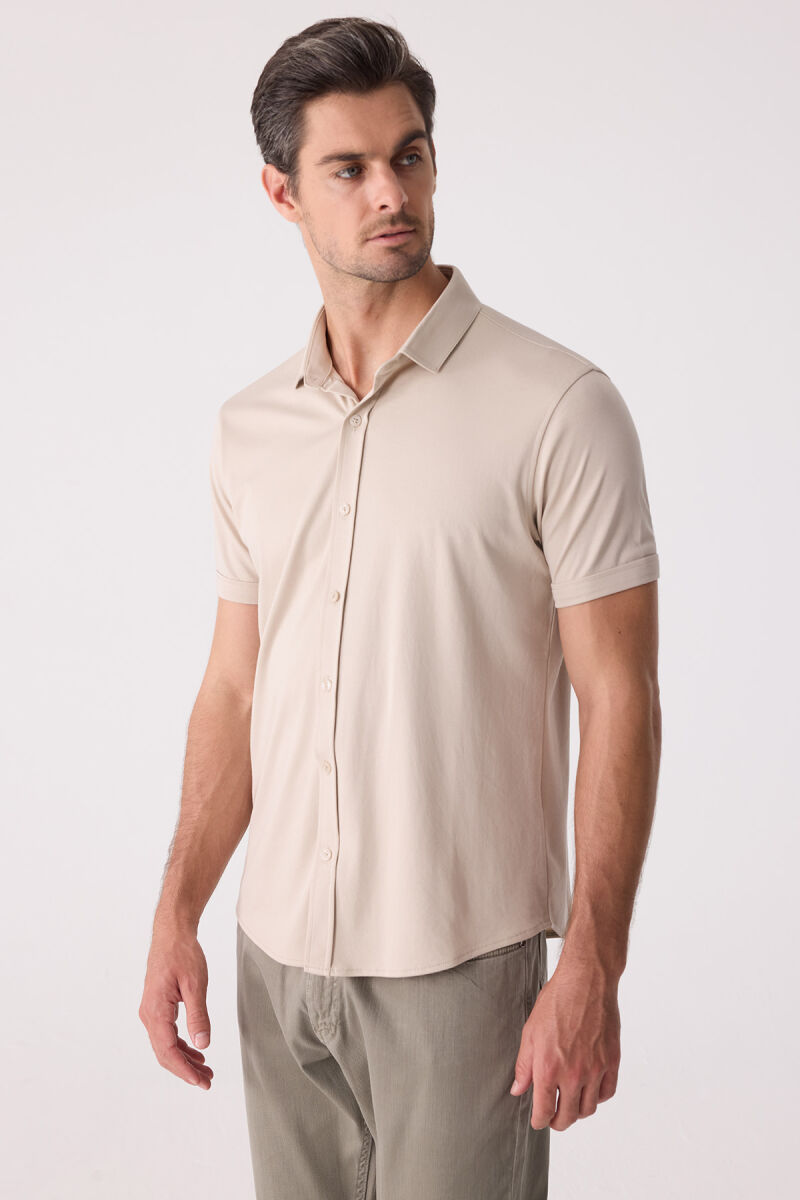Erkek Bej Merserize Kısa Kol Gömlek - 3