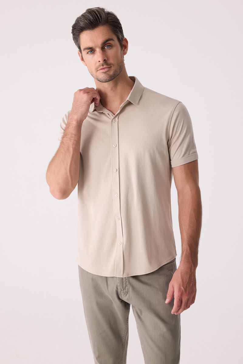 Erkek Bej Merserize Kısa Kol Gömlek - 5