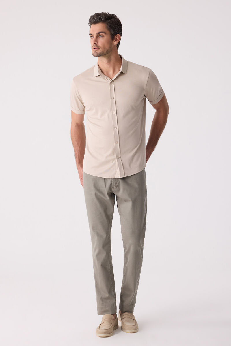 Erkek Bej Merserize Kısa Kol Gömlek - 6