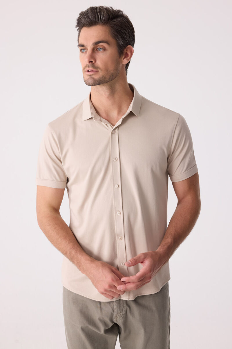 Erkek Bej Merserize Kısa Kol Gömlek - 7