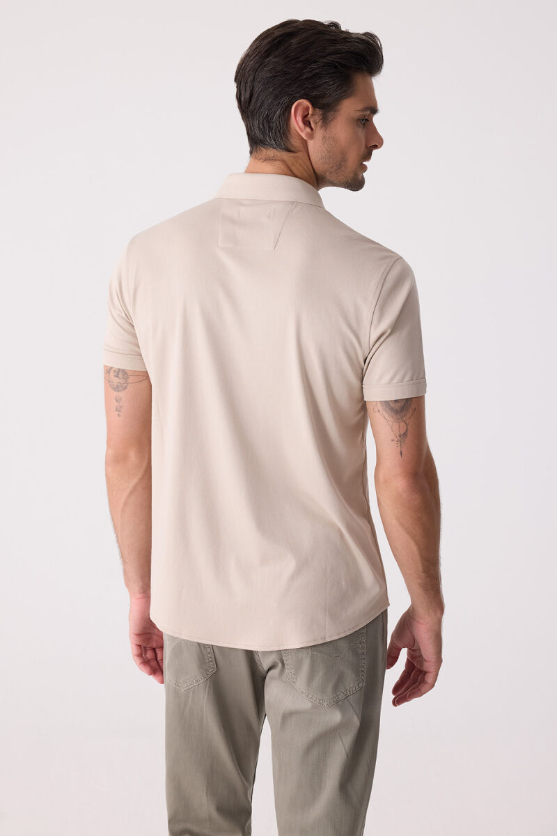 Erkek Bej Merserize Kısa Kol Gömlek - 9