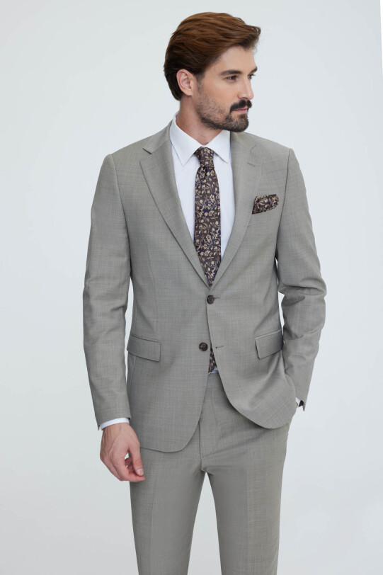 Erkek Bej Mono Yaka Regular Fit Takım Elbise