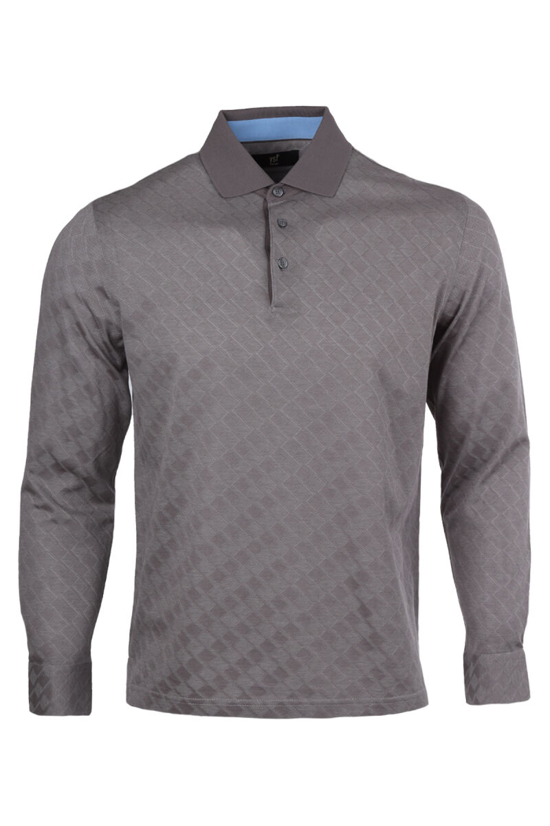 Erkek Bej Polo Yaka Desenli Klasik Sweatshirt - 1