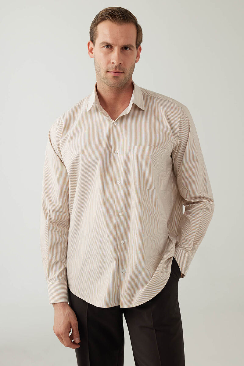 Erkek Bej Regular Fit Çizgili Uzun Kollu Pamuklu Gömlek - 1
