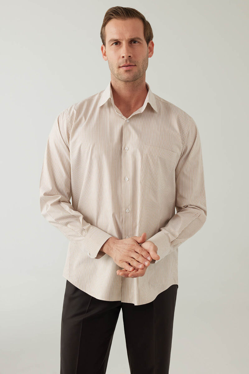 Erkek Bej Regular Fit Çizgili Uzun Kollu Pamuklu Gömlek - 2