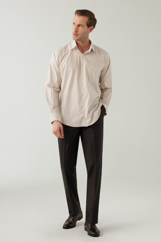 Erkek Bej Regular Fit Çizgili Uzun Kollu Pamuklu Gömlek