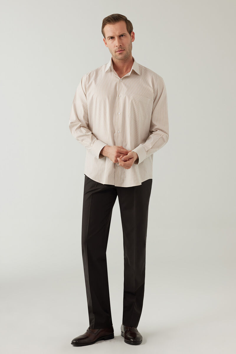 Erkek Bej Regular Fit Çizgili Uzun Kollu Pamuklu Gömlek - 4