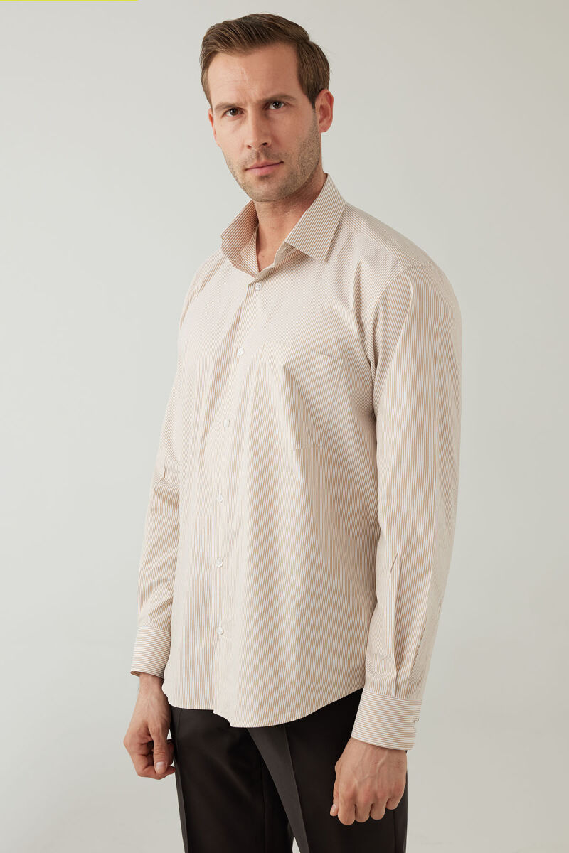 Erkek Bej Regular Fit Çizgili Uzun Kollu Pamuklu Gömlek - 5