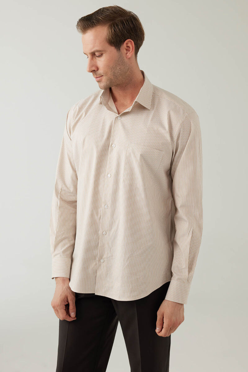 Erkek Bej Regular Fit Çizgili Uzun Kollu Pamuklu Gömlek - 6