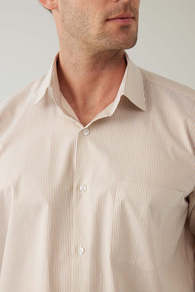 Erkek Bej Regular Fit Çizgili Uzun Kollu Pamuklu Gömlek - 7
