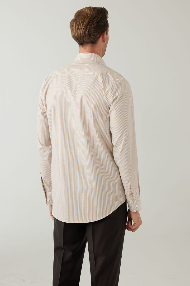 Erkek Bej Regular Fit Çizgili Uzun Kollu Pamuklu Gömlek - 8