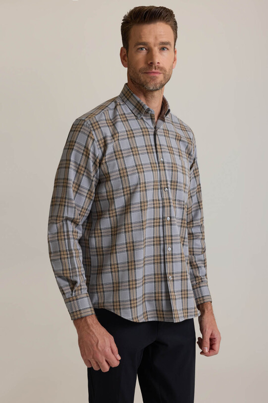 Erkek Bej Regular Fit Ekose Desenli Pamuklu Gömlek