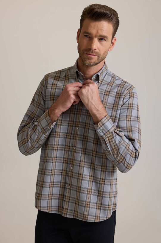 Erkek Bej Regular Fit Ekose Desenli Pamuklu Gömlek