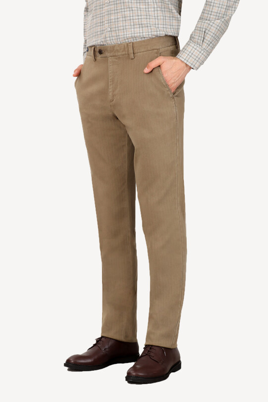 Erkek Bej Regular Fit Kanvas Spor Çizgili Pantolon