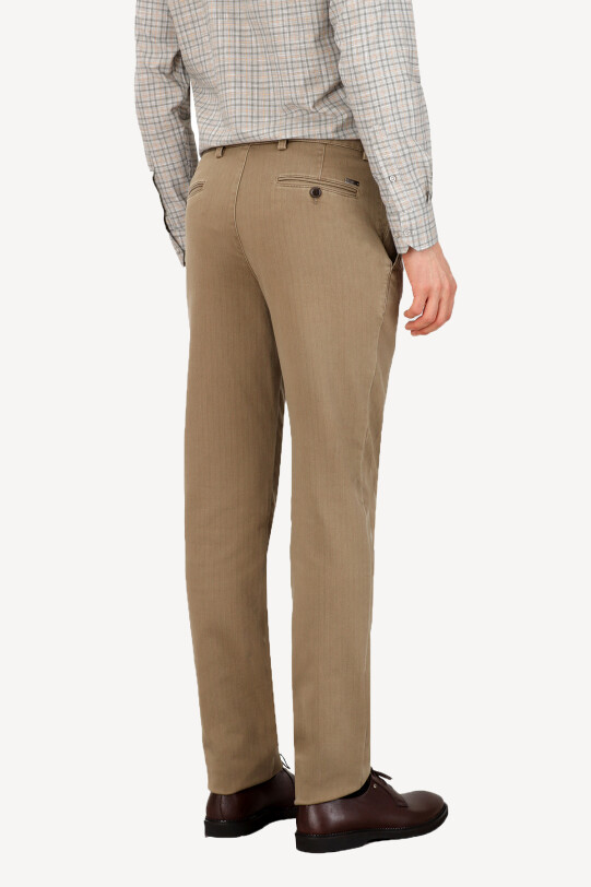 Erkek Bej Regular Fit Kanvas Spor Çizgili Pantolon