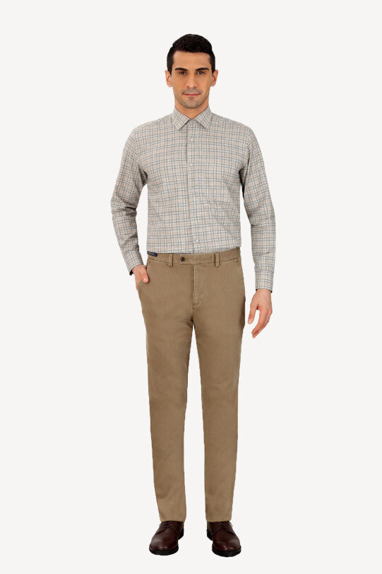 Erkek Bej Regular Fit Kanvas Spor Çizgili Pantolon