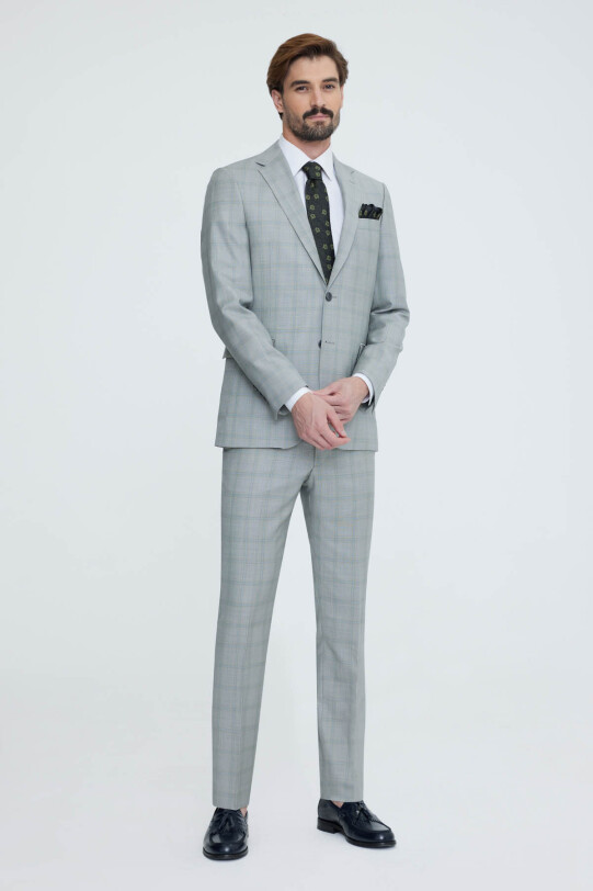 Erkek Bej Regular Fit Kareli Mono Yaka Takım Elbise