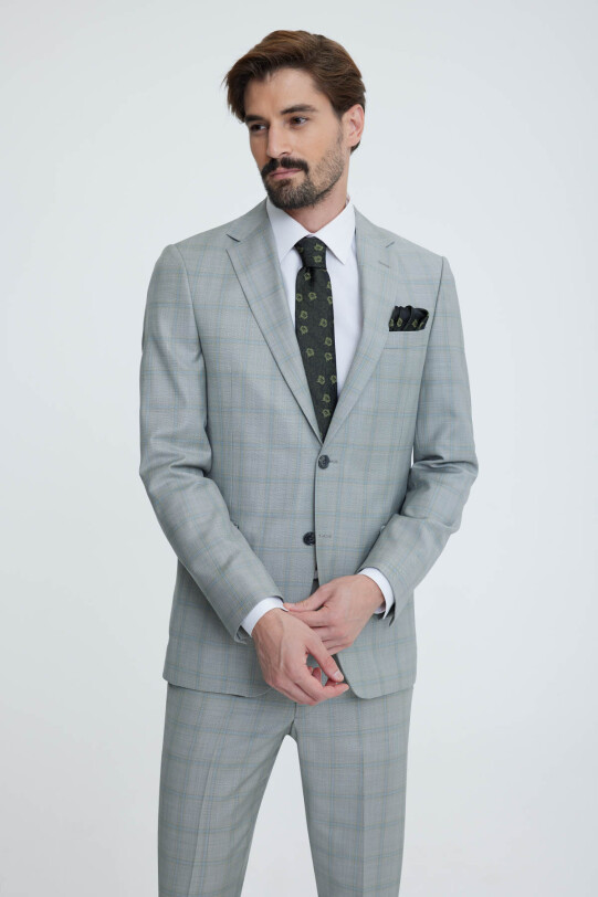 Erkek Bej Regular Fit Kareli Mono Yaka Takım Elbise