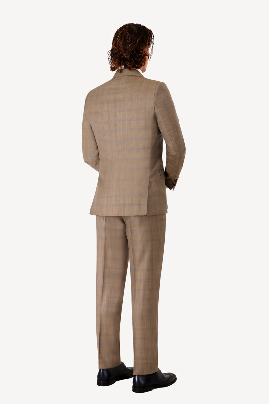 Erkek Bej Regular Fit Kruvaze Kareli Takım Elbise
