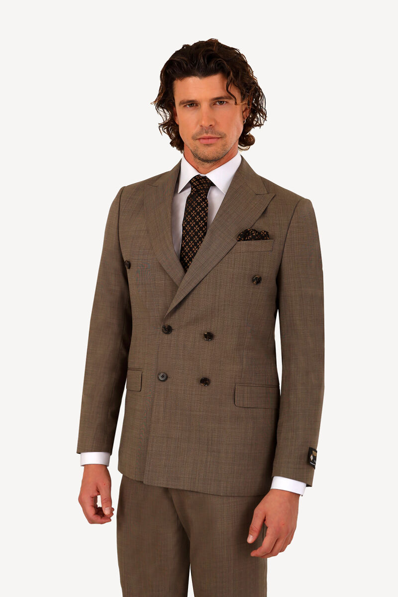 Erkek Bej Regular Fit Kruvaze Takım Elbise - 2