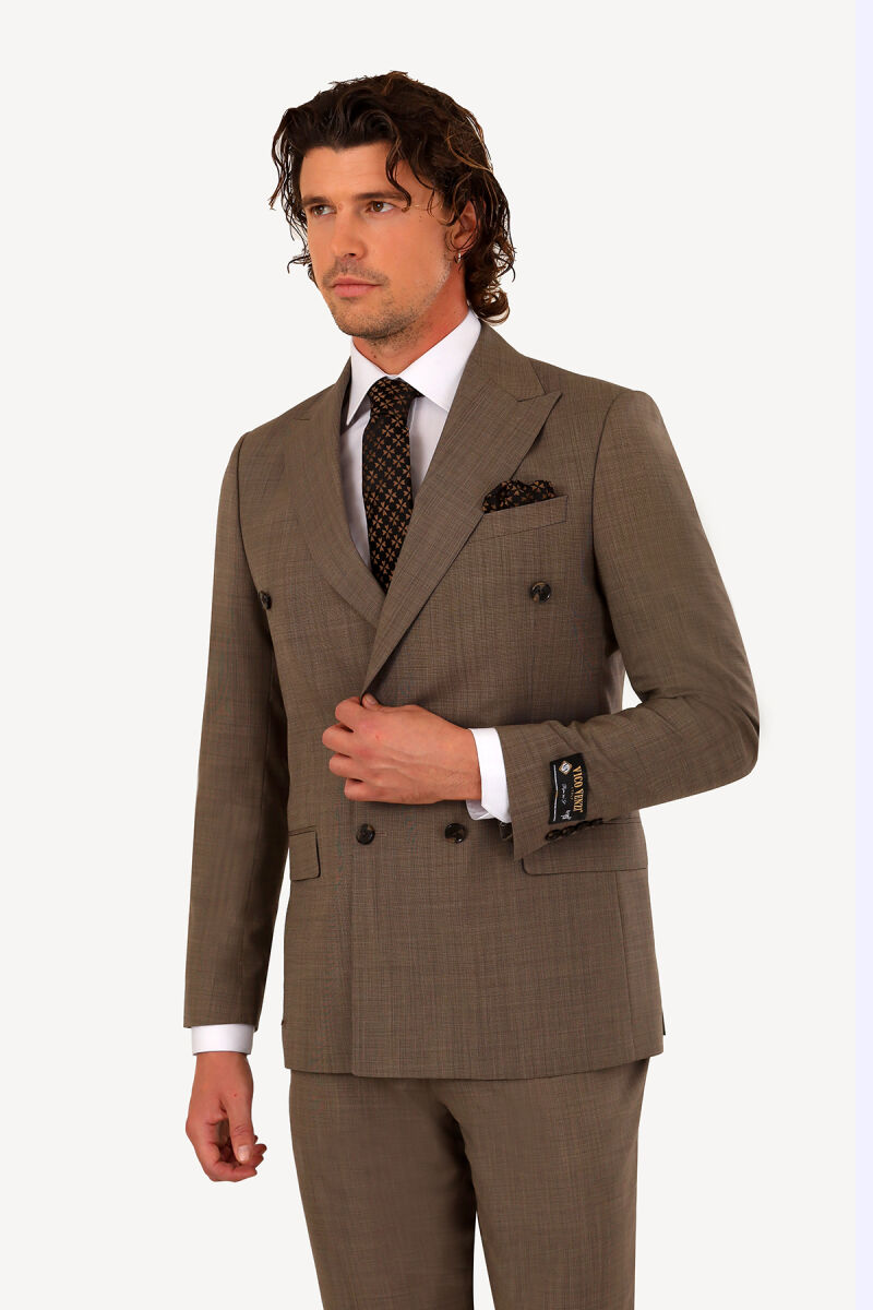 Erkek Bej Regular Fit Kruvaze Takım Elbise - 3