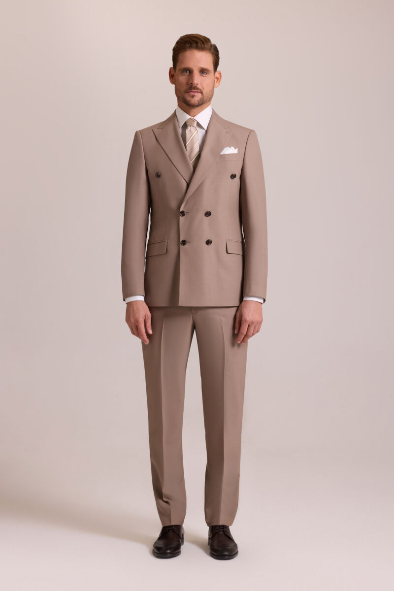 Erkek Bej Regular Fit Kruvaze Yün Takım Elbise - 1