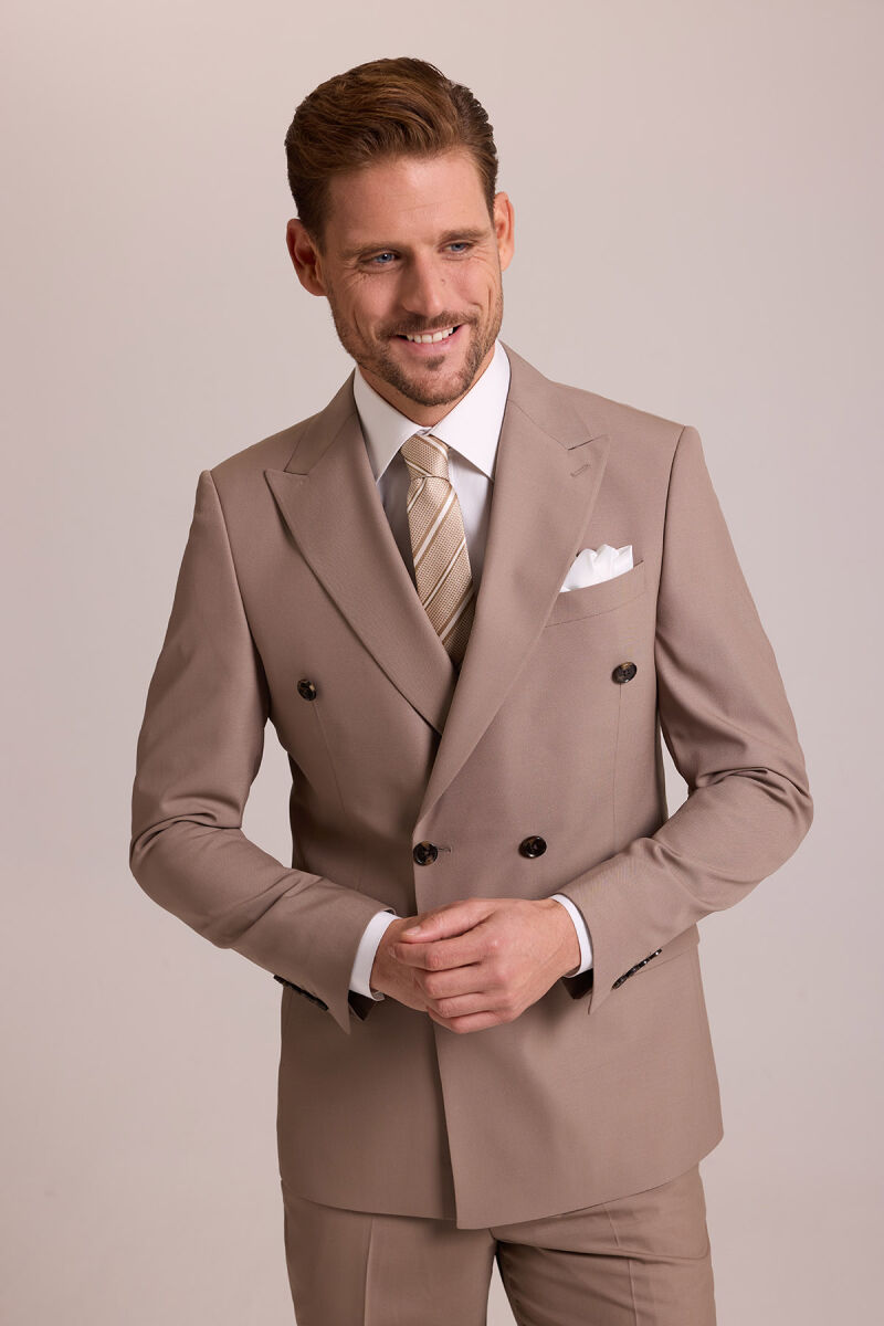 Erkek Bej Regular Fit Kruvaze Yün Takım Elbise - 3
